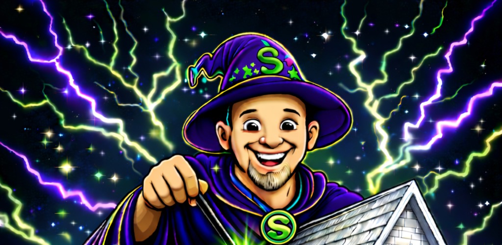 Roof Wizard's smiling illustrated wizard in a purple hat and cape with green accents